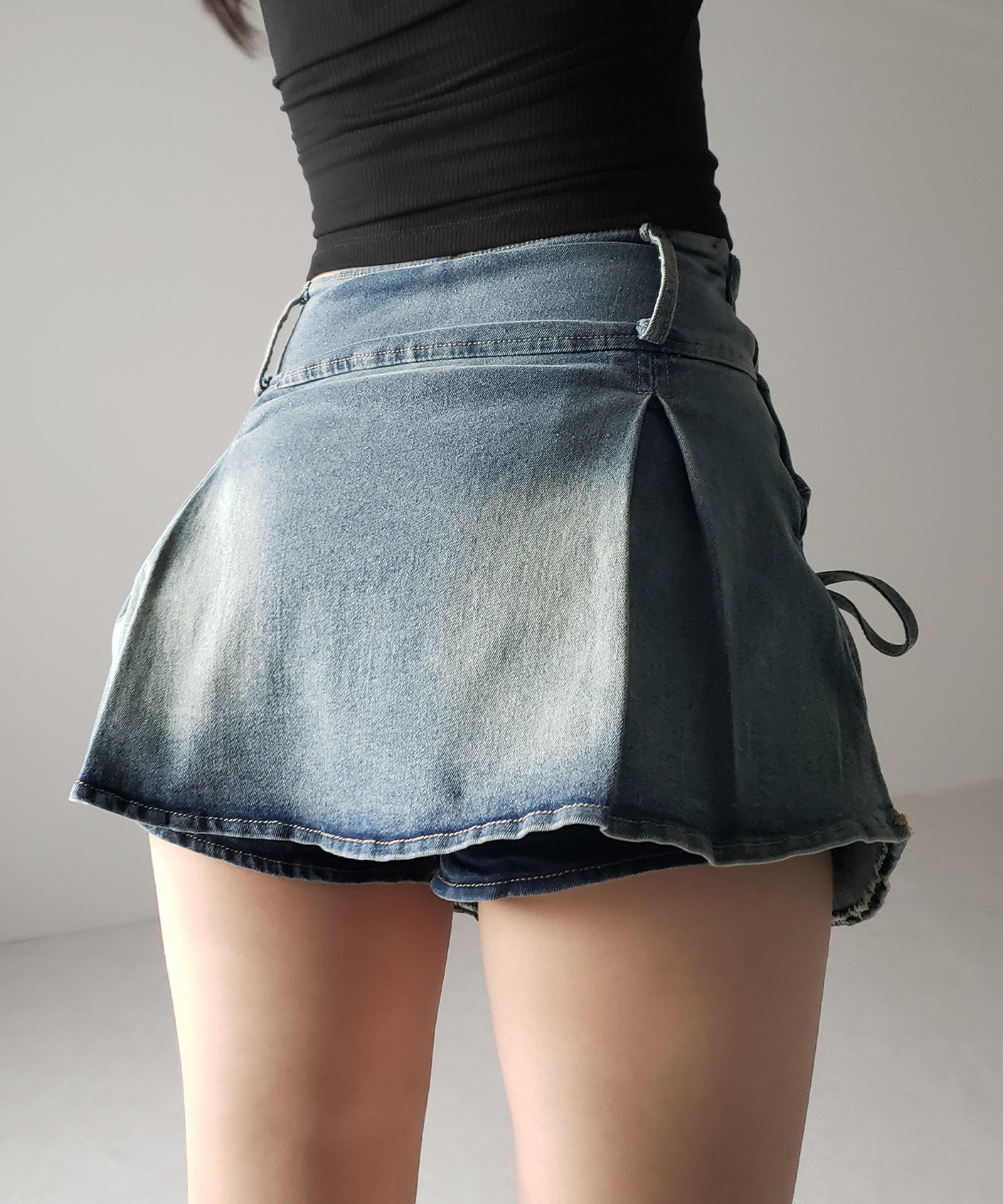 【 2color / 3size 】ヴィンテージライクリボンデニムミニスカパン / vintage like ribbon denim mini skirt pants