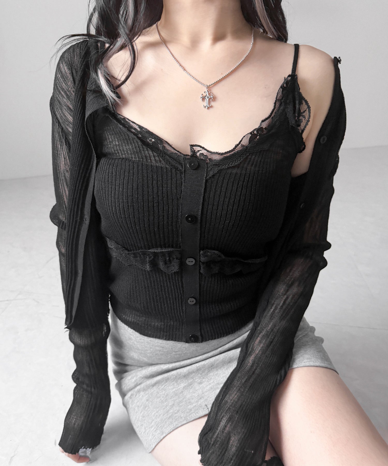 【 2点セット 】フロントレースシアーニットキャミソール +カーディガン SET / front lace sheer knit camisole + cardigan set