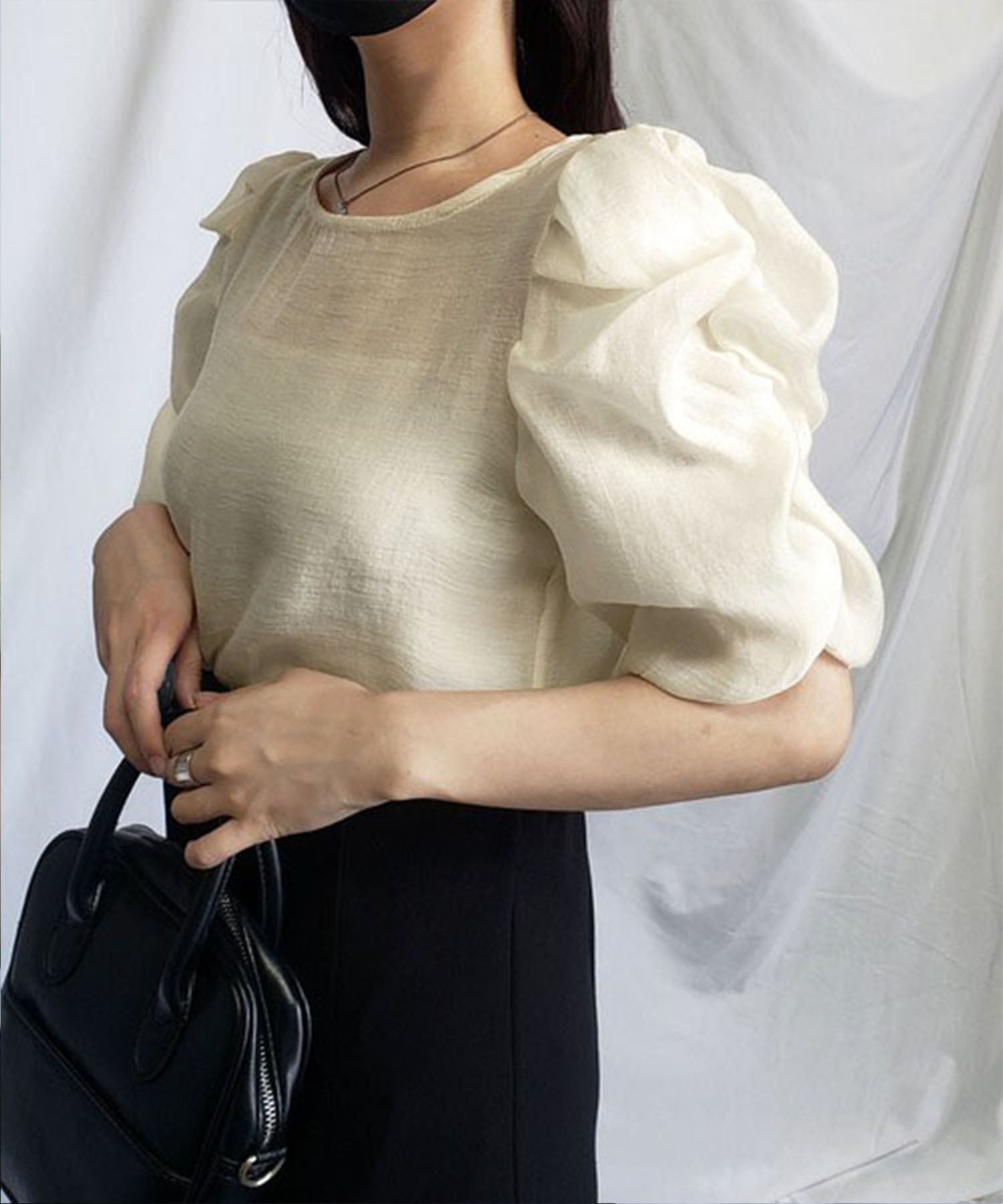 【 5color 】シャーリングパフスリーブグロッシーシアーブラウス