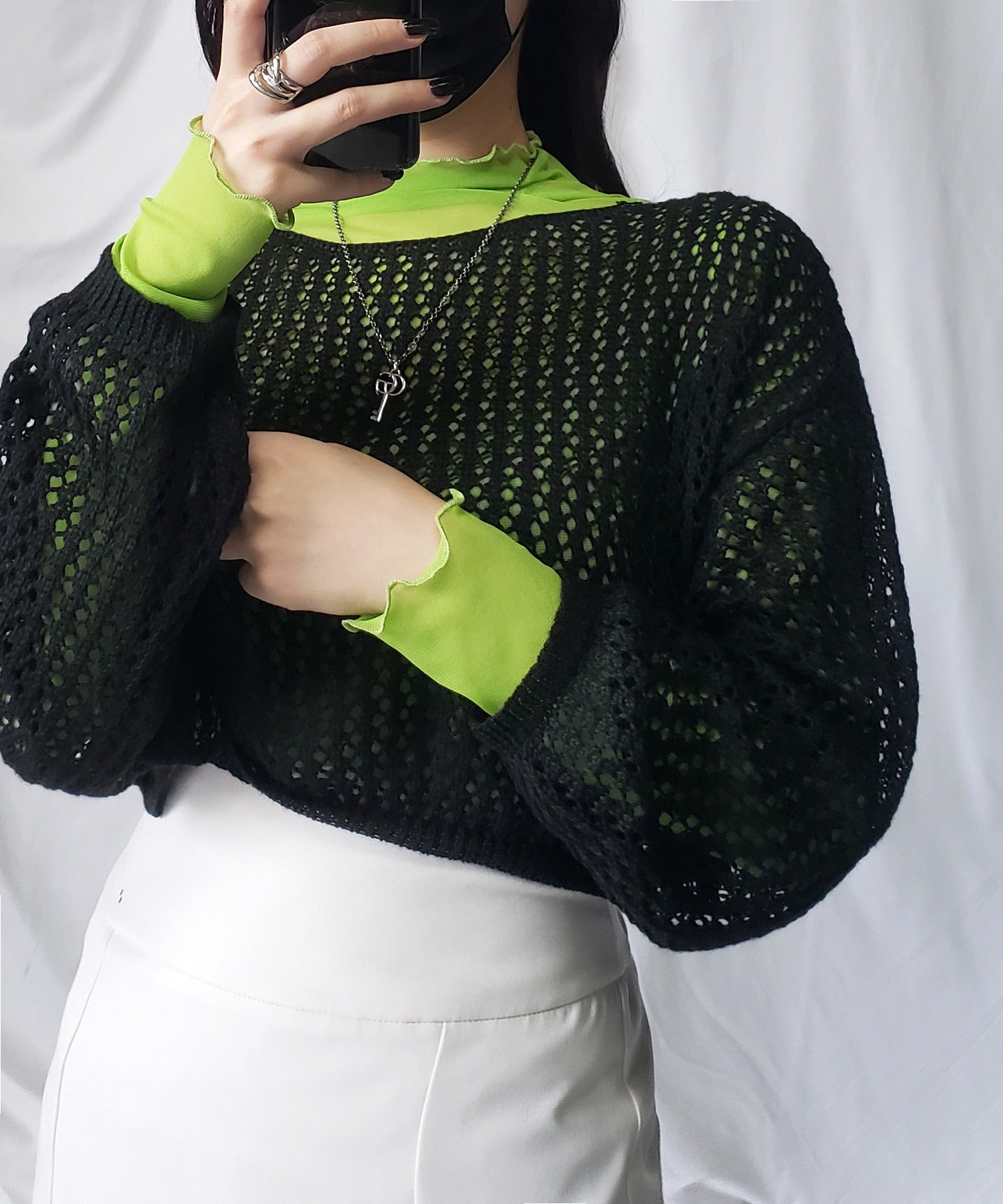 【 7color 】ショート丈メッシュクロシェ透かし編みニット