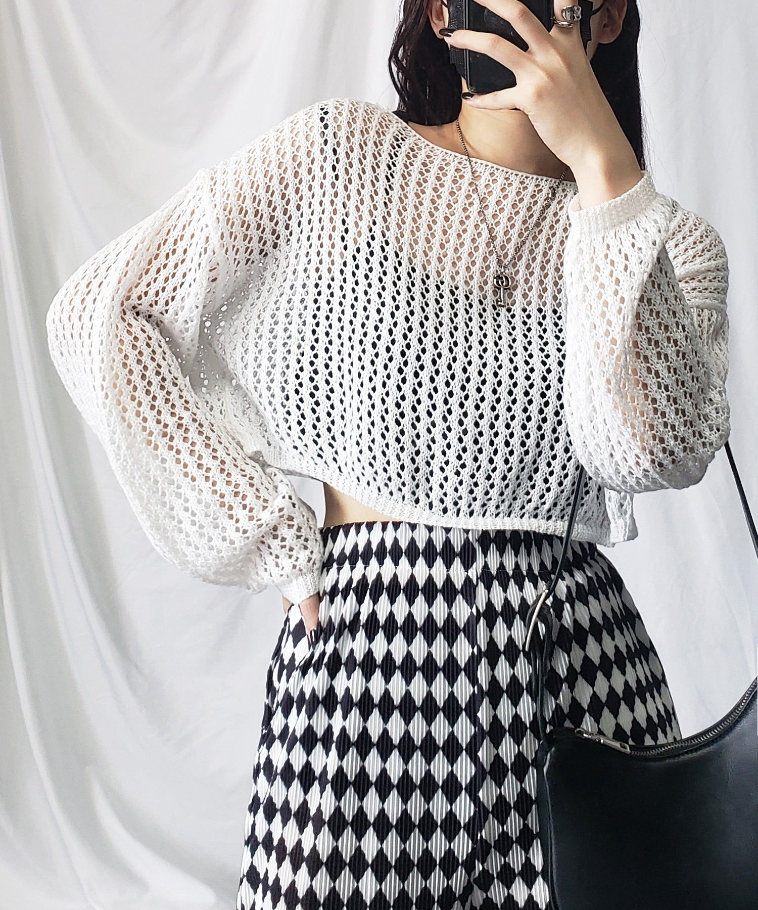 【 7color 】ショート丈メッシュクロシェ透かし編みニット