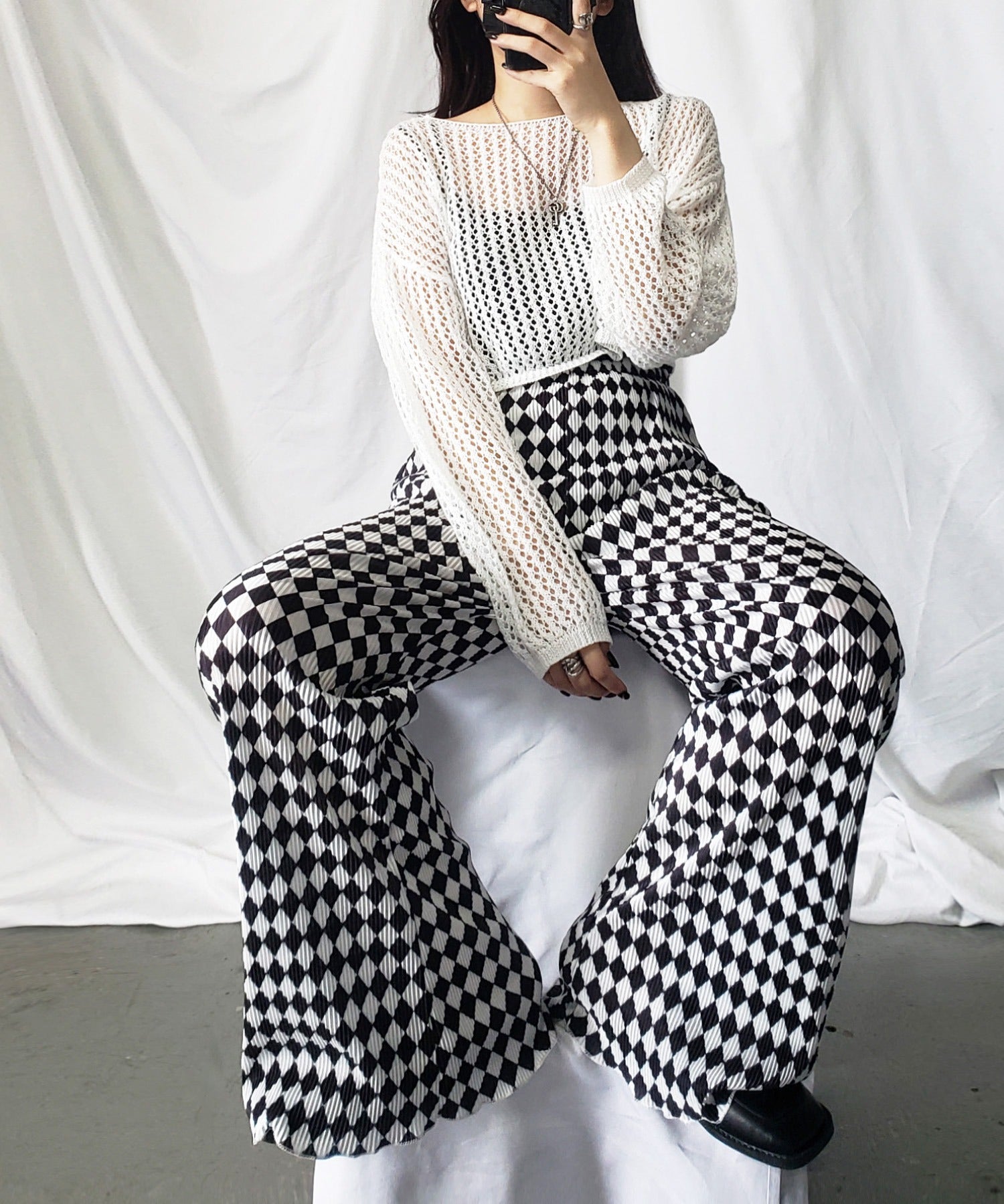 【 7color 】ショート丈メッシュクロシェ透かし編みニット