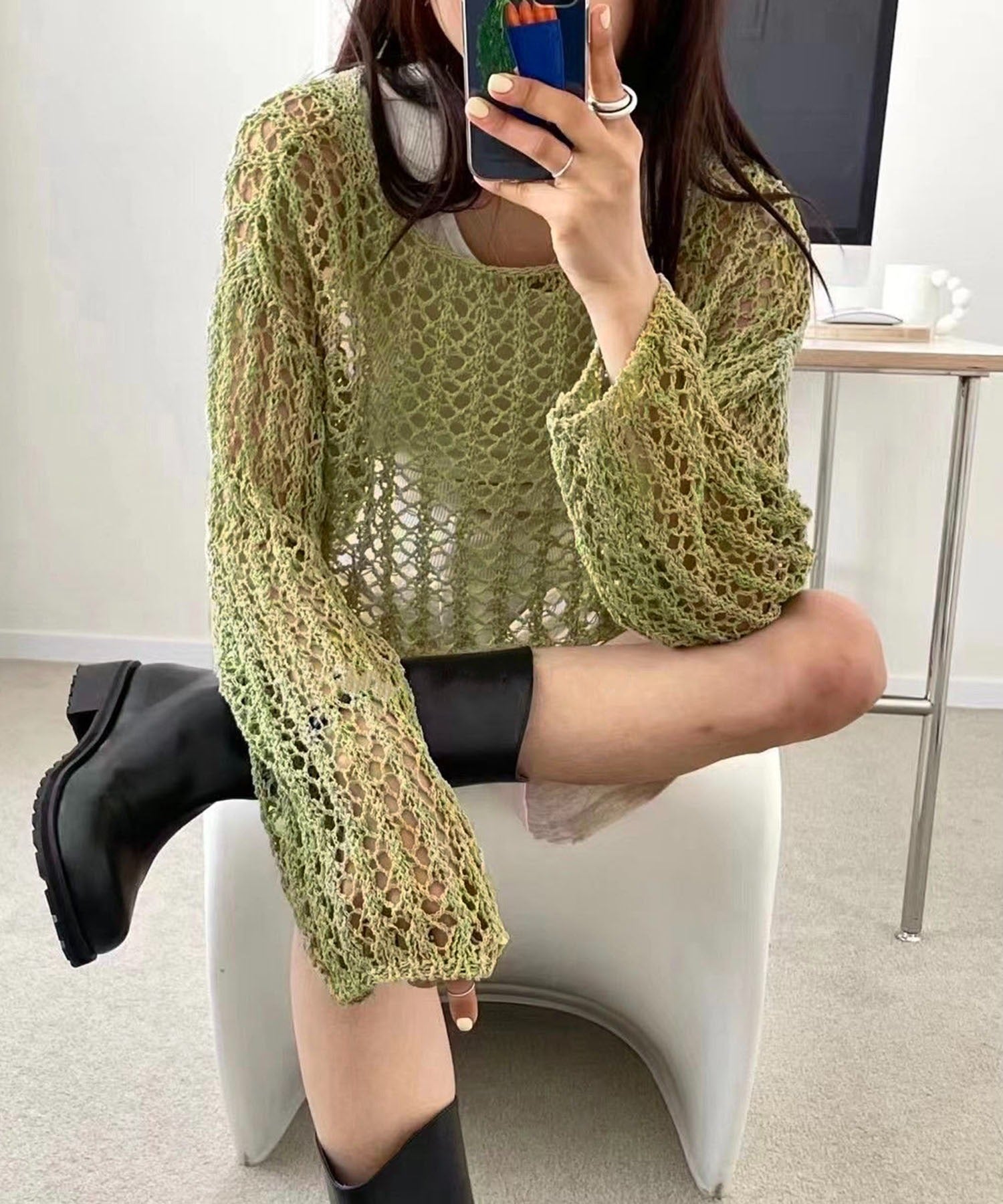 【 7color 】ショート丈メッシュクロシェ透かし編みニット