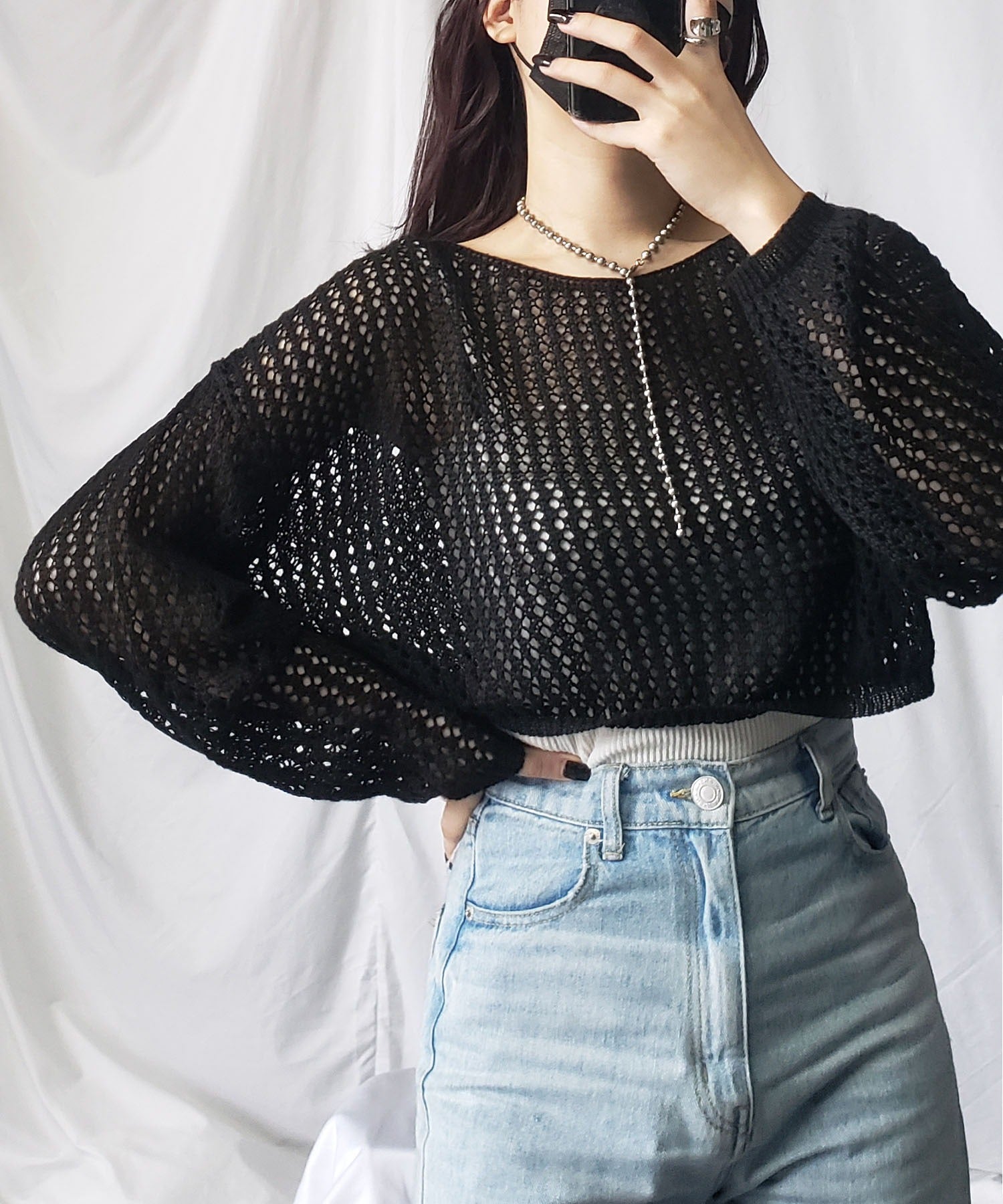 【 7color 】ショート丈メッシュクロシェ透かし編みニット