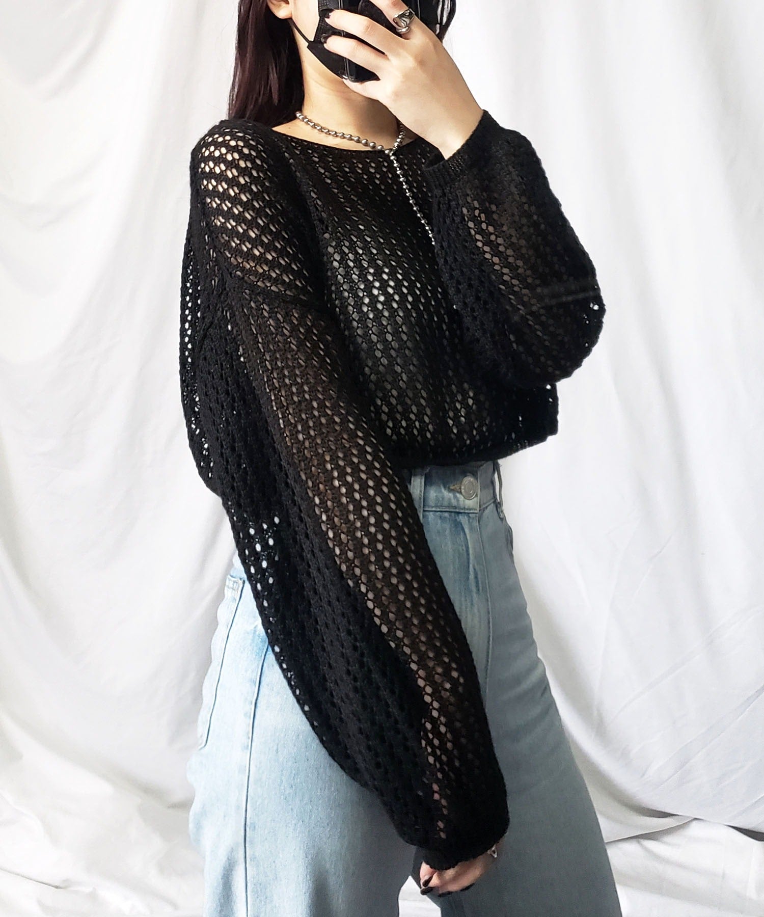 【 7color 】ショート丈メッシュクロシェ透かし編みニット