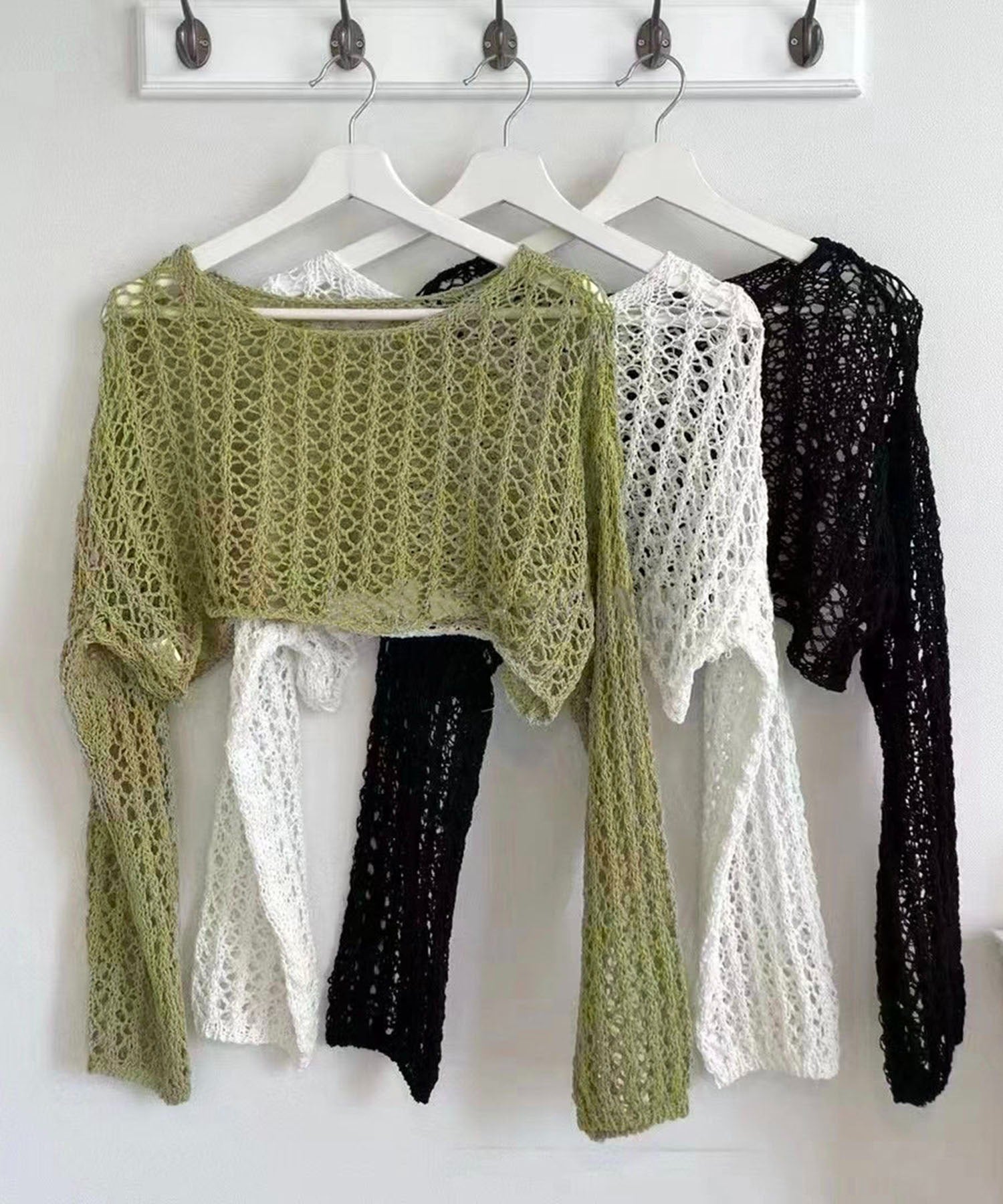 【 7color 】ショート丈メッシュクロシェ透かし編みニット