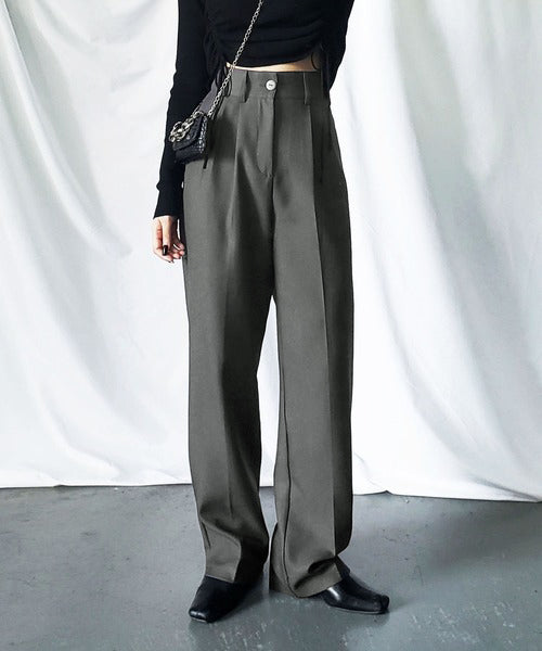 【 秋冬素材で新登場! 】太ベルトハイウエストウールライクカラータックスラックス