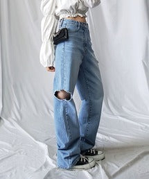 【 7color / 3size 】カットアウトサイドスリットロングデニムパンツ
