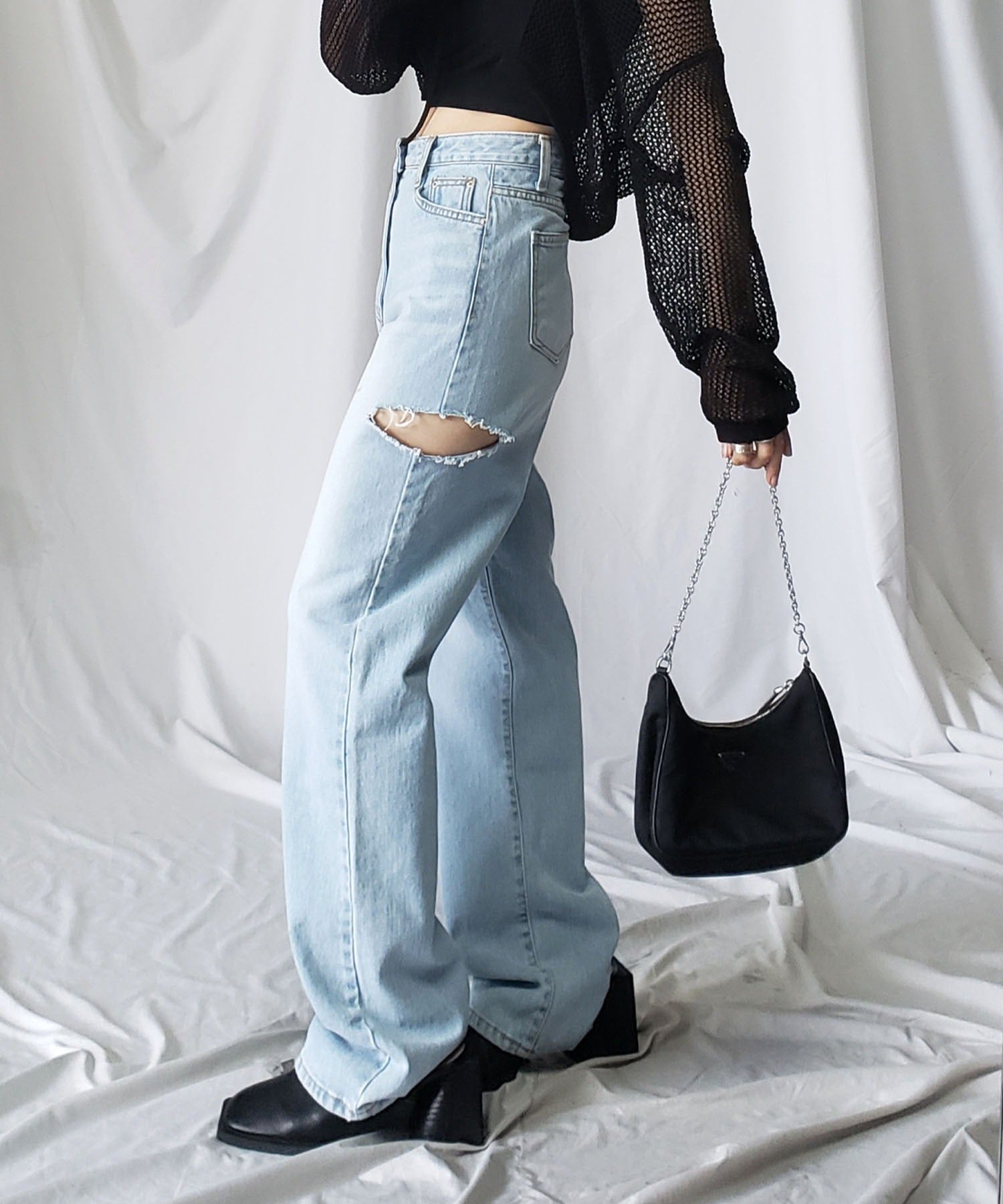 【 7color / 3size 】カットアウトサイドスリットロングデニムパンツ