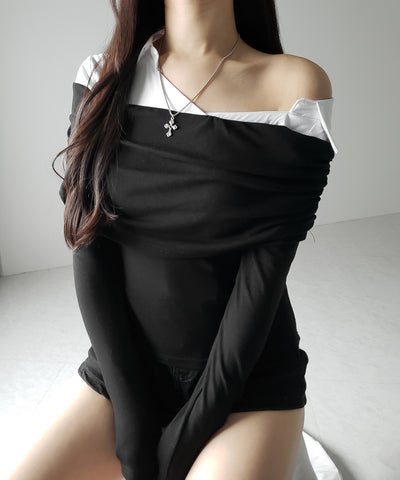 シャツドッキングワイドオフショルトップス / shirt docking wide off shoulder tops