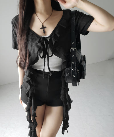 ダメージフリル半袖ショートリボンカーディガン / damage frill short sleeve short ribbon cardigan