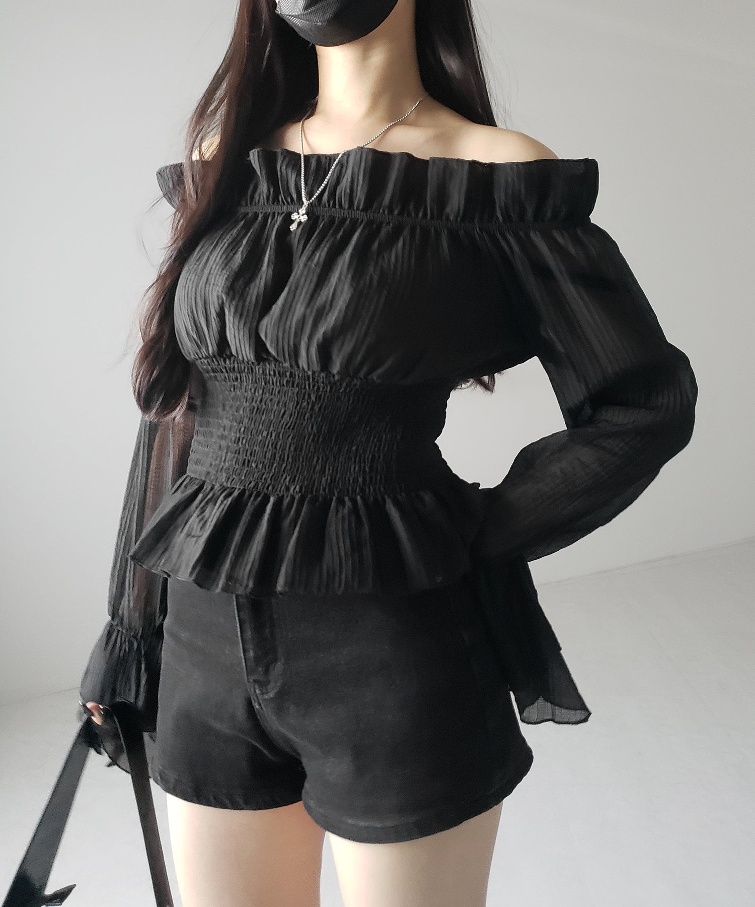 【 2color / 2WAY 】ウエストシャーリングシアーフリルオフショルブラウス / waist shirring sheer frill off shoulder blouse