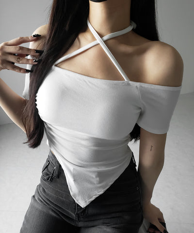 クロスネックアシメギャザーオフショルTシャツ / cross neck asymmetry gather off shoulder T-shirt