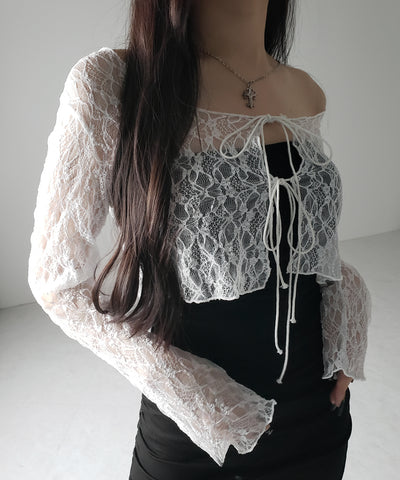 ダブルストラップリボンショートレースカーディガン /double strap ribbon short lace cardigan