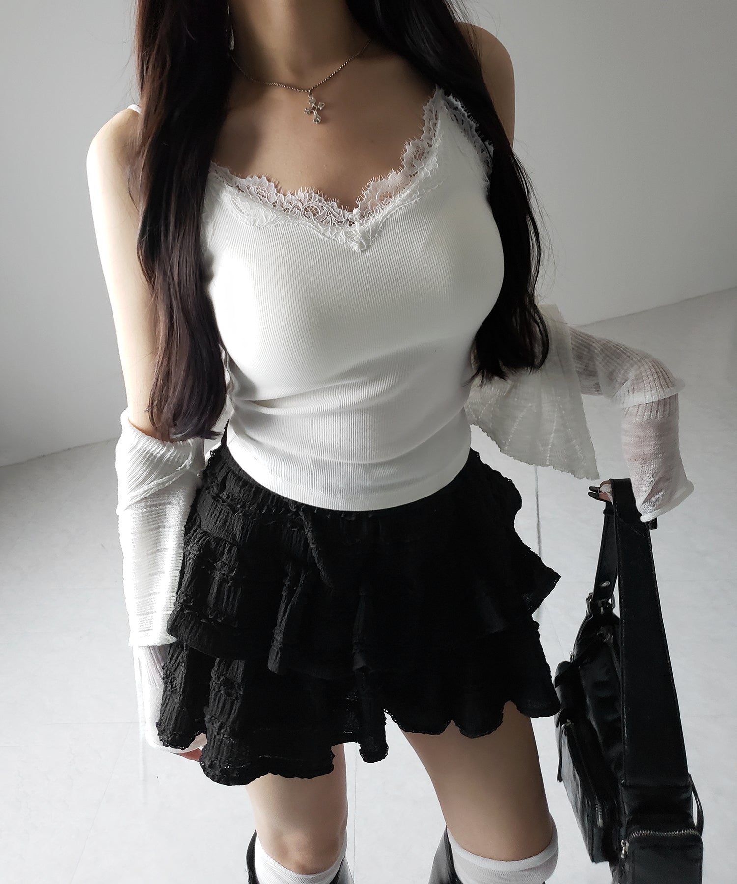 【 カップ付 】レースドッキングリブキャミソール /lace docking ribbed camisole