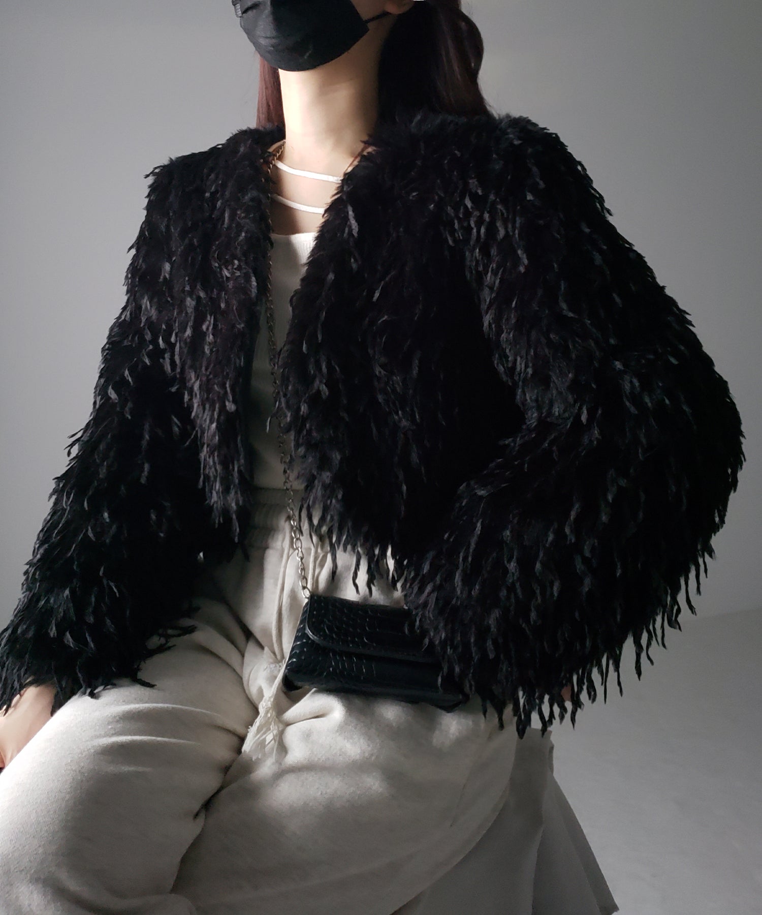 【 4color 】ムードフェザーワイドスリーブショートカーディガン/ mood feather wide sleeve short cardigan