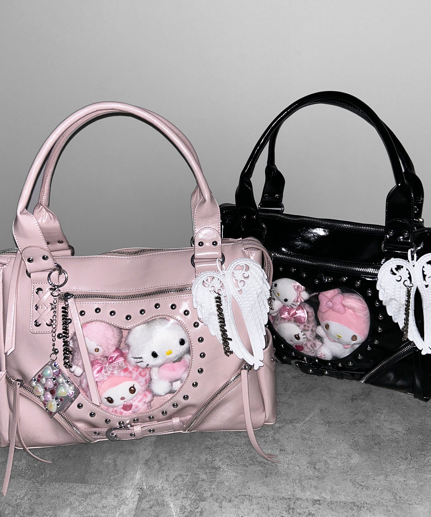 【 限定先行販売 】ハートクリアポケットスタッズフェイクレザートートバッグ / heart clear pocket studs fake leather tote bag