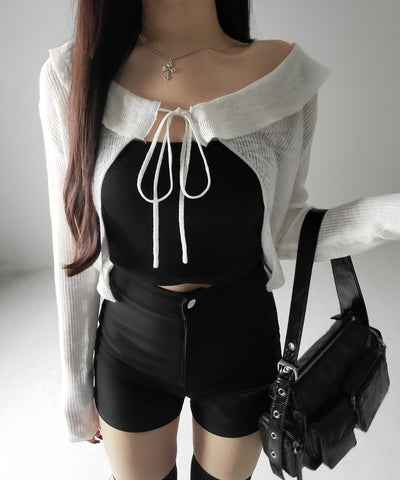 【 2color 】襟付きフロントリボンシアーニットショートカーディガン / collar front ribbon sheer knit short cardigan