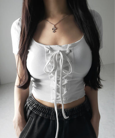 レースアップフロントリボン半袖ショートTシャツ / lace up front ribbon short sleeve short slim T-shirt