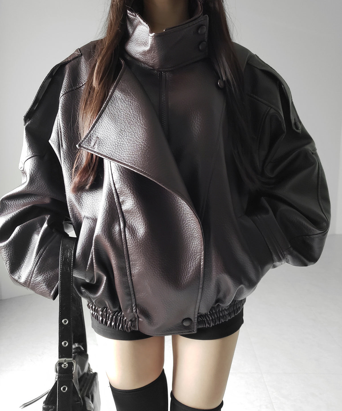 ヴィンテージフェイクレザースタンドカラージップアップブルゾン / 2WAY vintage fake leather stand collar zipup blouson