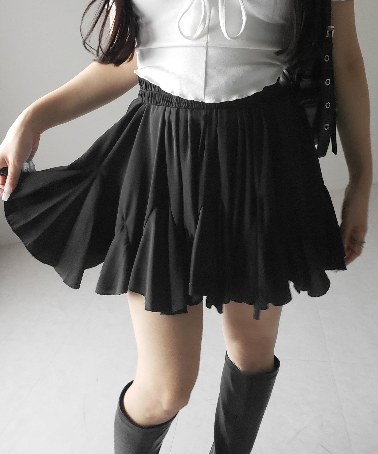 【 2color /インパン裏地付き 】ハイウエストドレープフレアミニスカート / high waist draped flare mini skirt