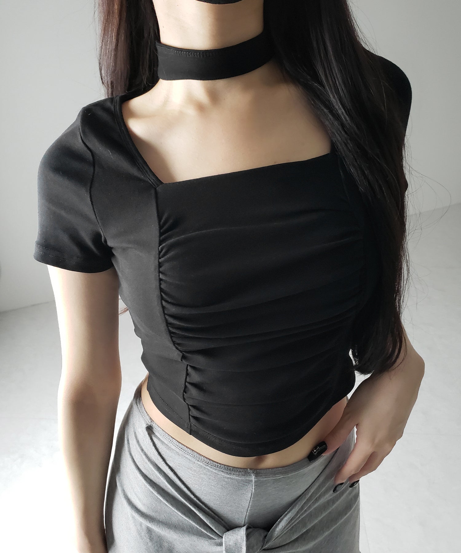 【 2WAY 】チョーカーロングタイ付き スクエアネックギャザースリムTシャツ / choker long tie SET square neck gather slim sleeve T-shirt