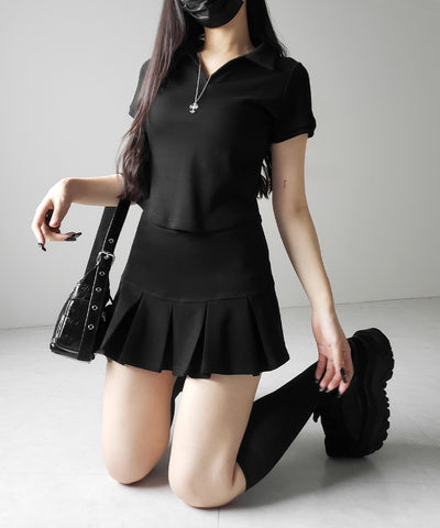【 2点セット 】スキッパーネック半袖Tシャツ & プリーツミニスカート ワンホンセットアップ / skipper neck short sleeve T-shirt & pleated mini skirt wanghong setup