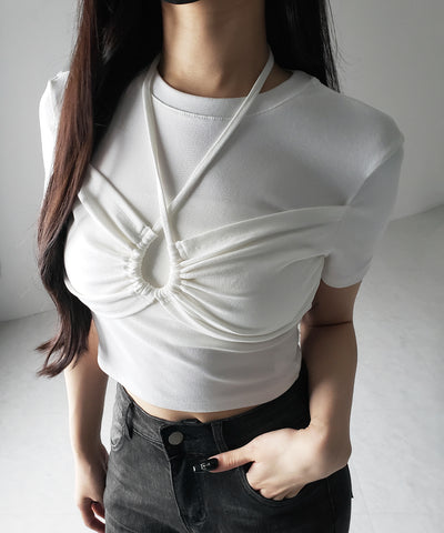 クロスネックレイヤードシャーリングTシャツ / cross neck layered shirring T-shirt