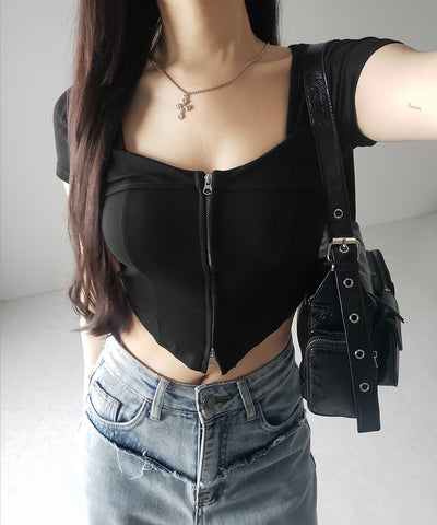 ダブルジップコルセットスクエアネックTシャツ / double zip corset square neck T-Shirt