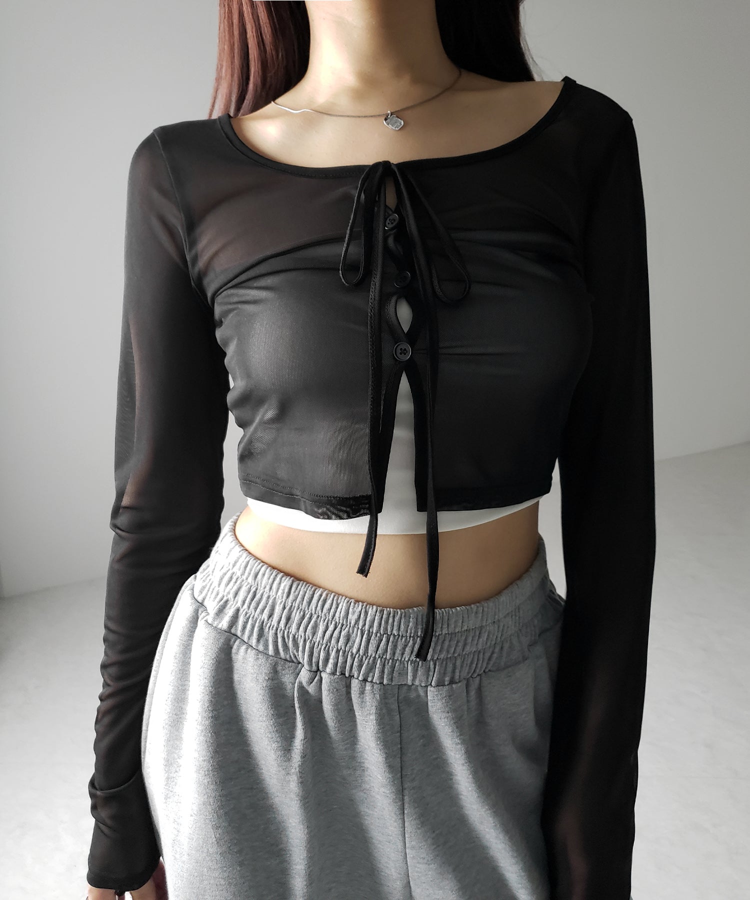 【 3color / 2WAY 】クロスストラップリボンシアーショートカーディガン / cross strap ribbon sheer short cardigan
