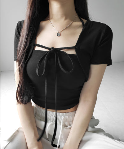 【 2点セット 】フロントリボンショートカーディガン+ ホルターキャミソール SET / front ribbon short cardigan + halter camisole SET