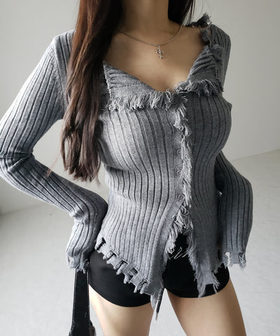 ダメージフリンジリブニットスリムカーディガン / damage fringe rib knit slim cardigan