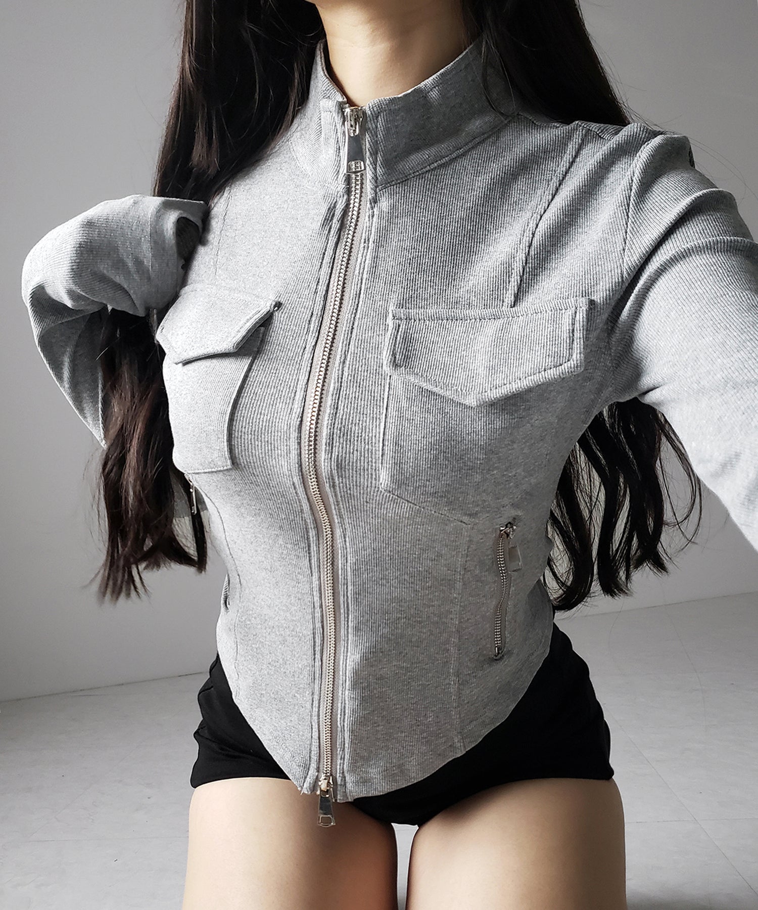 アウトポケットダブルジップスリムリブトップス / out pocket double zip slim ribbed tops