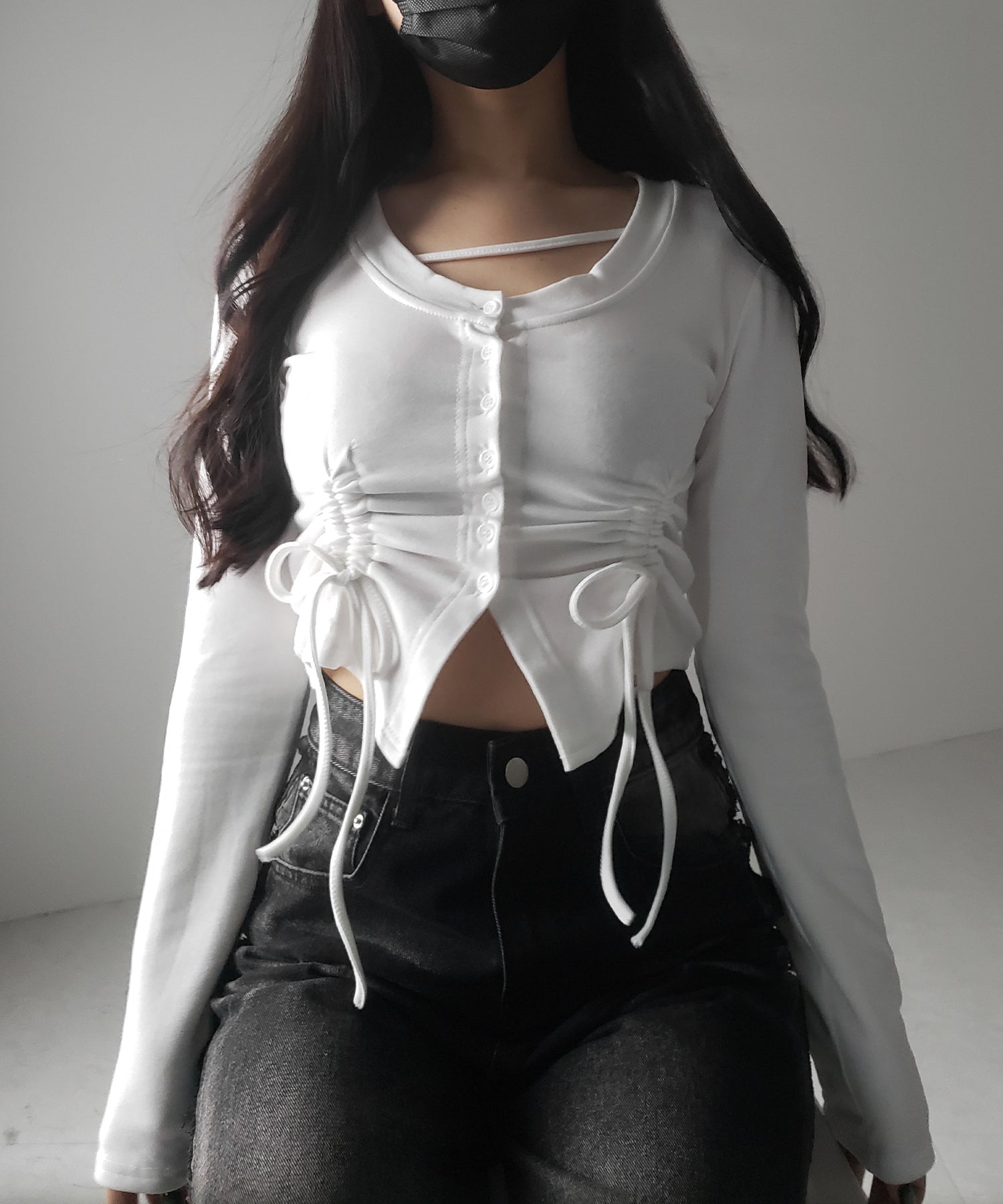 【 2color / 裏起毛 】ナナメストラップダブルシャーリングリボントップス / naname strap double shirring ribbon tops