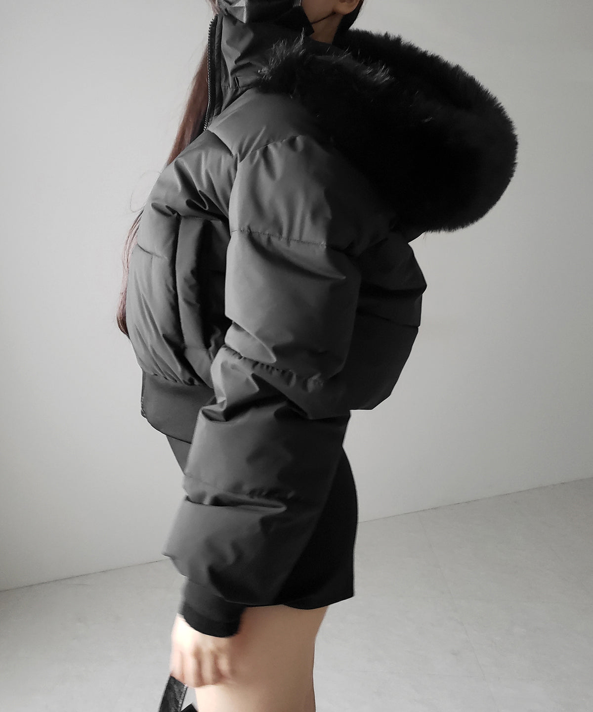 【 フード取り外し可能2WAY 】フェイクファーフードショート中綿ジャケット / 2WAY fake fur hoodie short fake down jacket