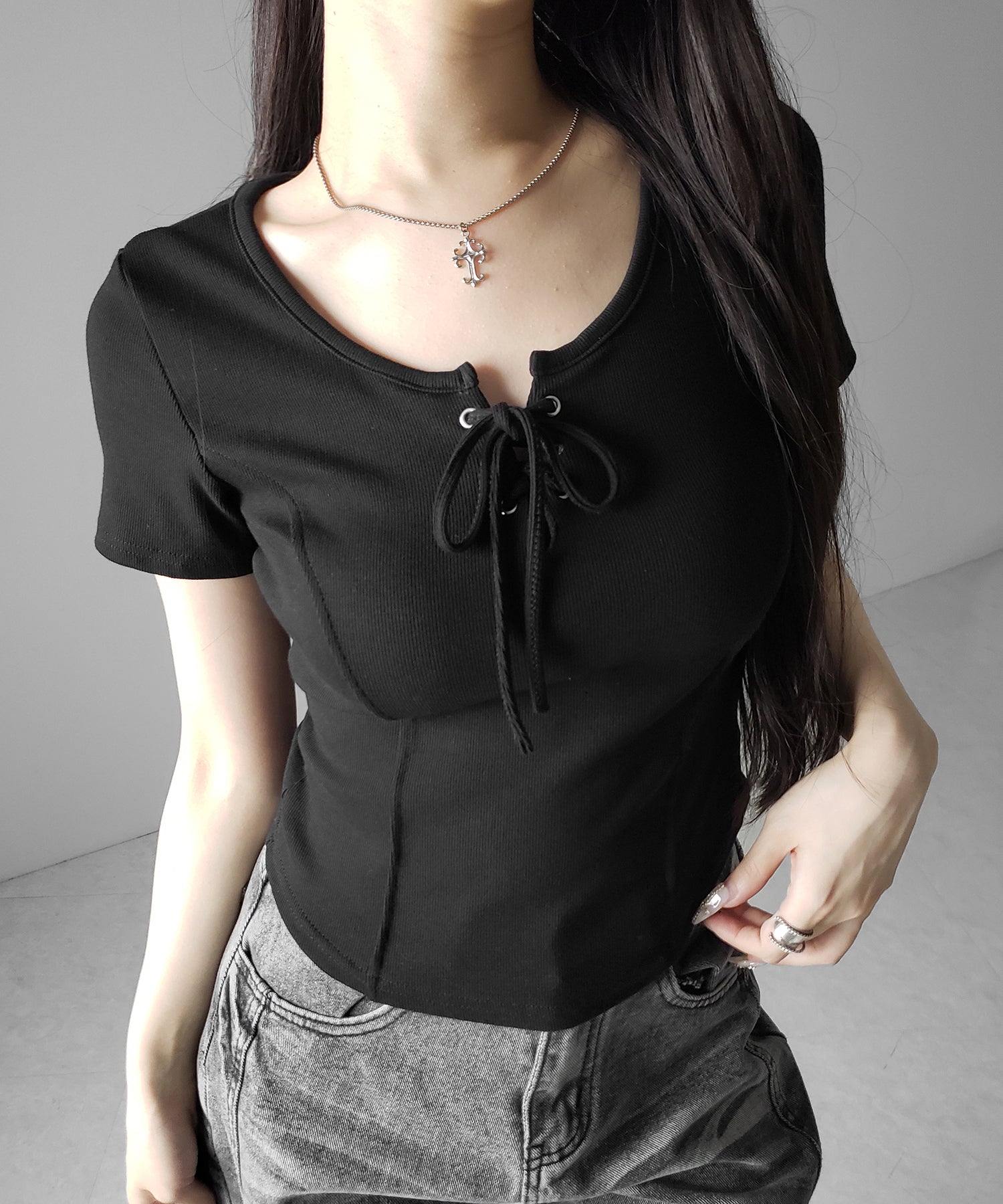 レースアップスリムリブTシャツ / laceup slim lib T-shirts