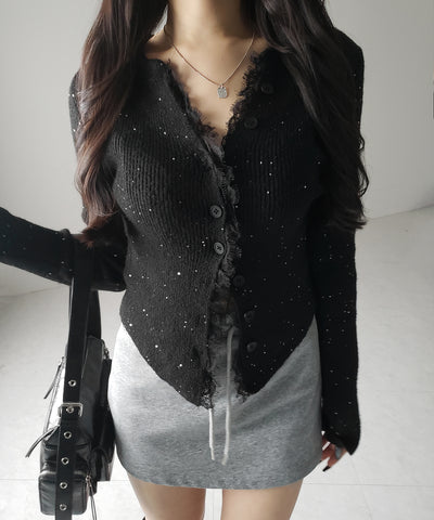 レースドッキングスパングルキーネックニットカーディガン / lace docking spangle key neck knit cardigan