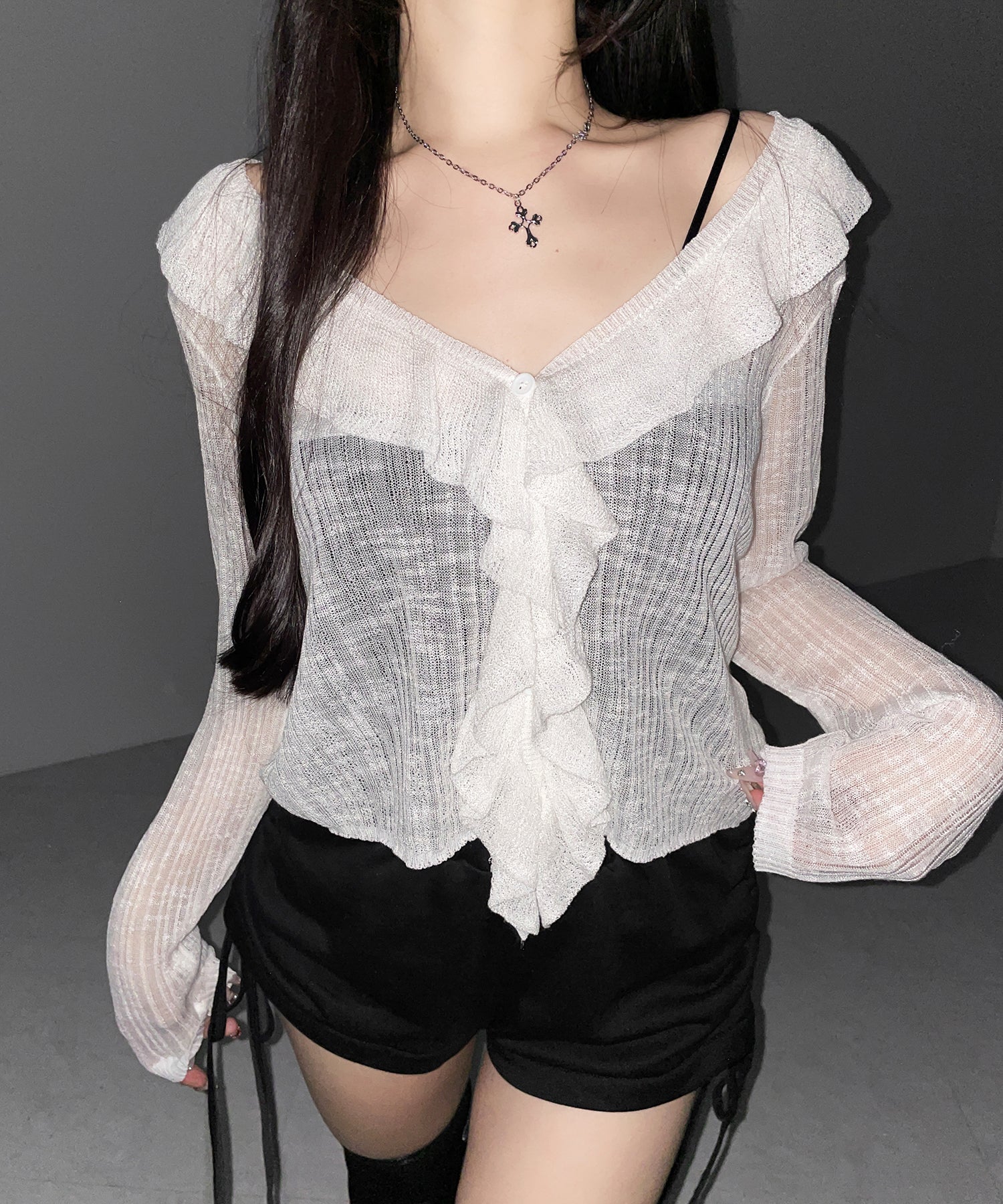 フリルシアールーズニットカーディガン / frill sheer loose knit cardigan