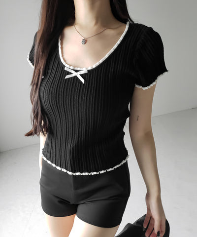 ミニリボンオープンネック半袖ニットトップス / mini ribbon open neck short sleeve knit tops