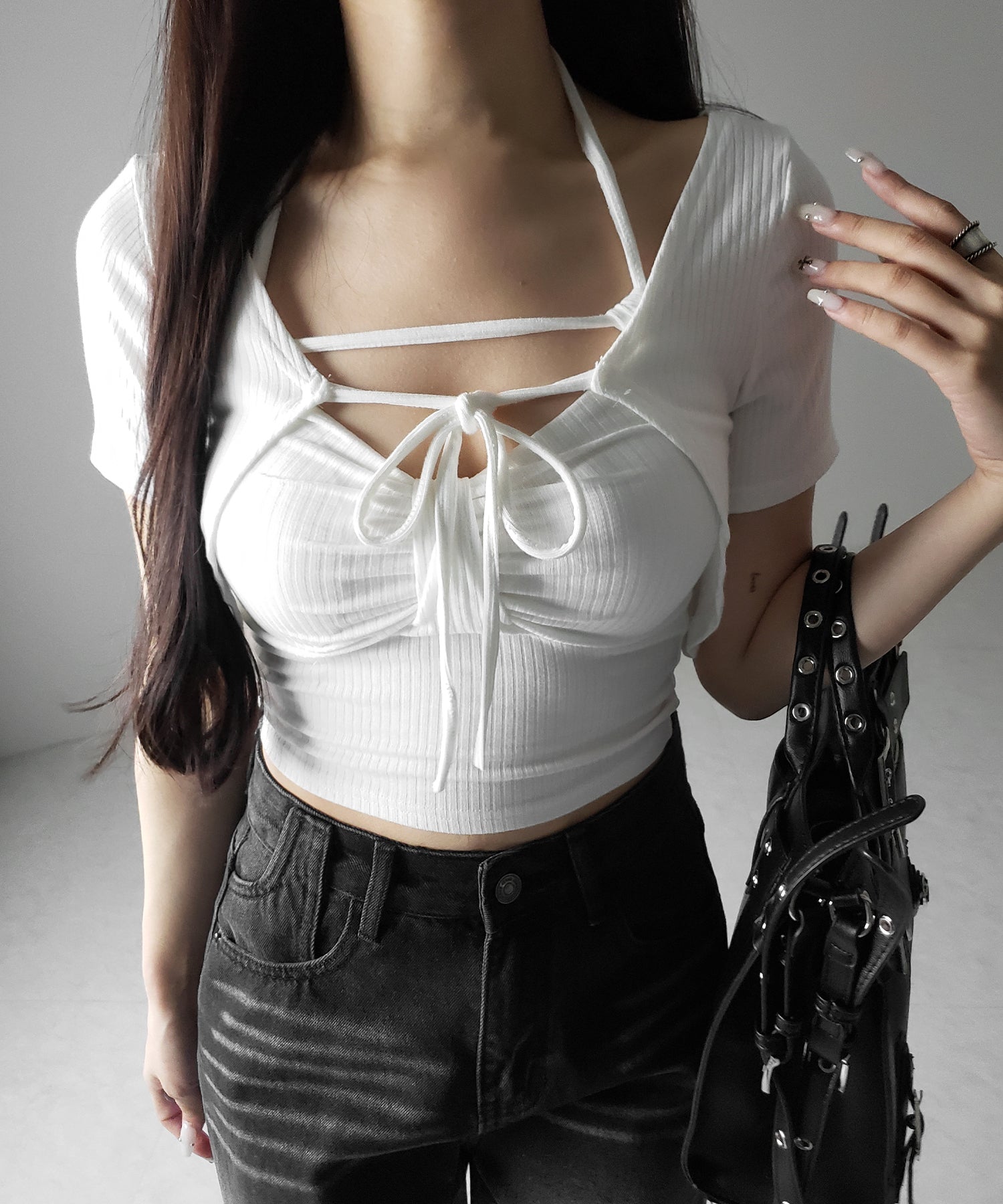 【 2点セット 】 2WAYストラップリブキャミソール + フロントリボンショートカーディガン SET / 2WAY strap lib camisole + front ribbon short cardigan