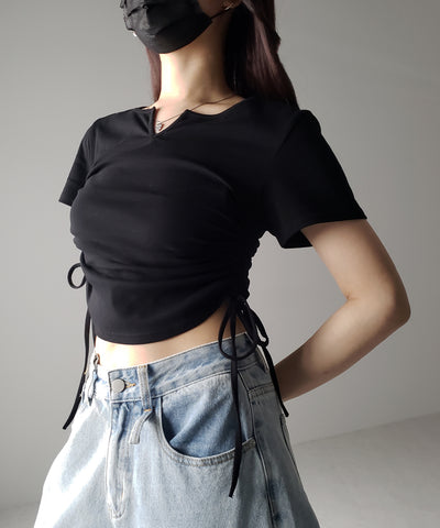 サイドシャーリングリボン半袖ショートTシャツ / side shirring ribbon short Tee