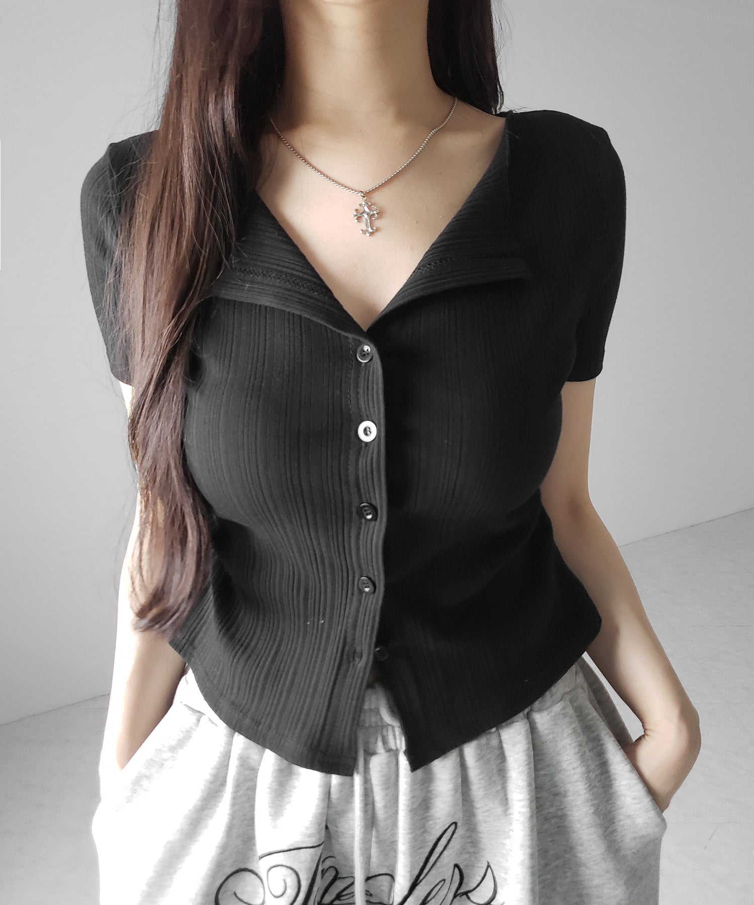 フロントボタン半袖リブカーデトップス / front button short sleeve lib cardigan tops
