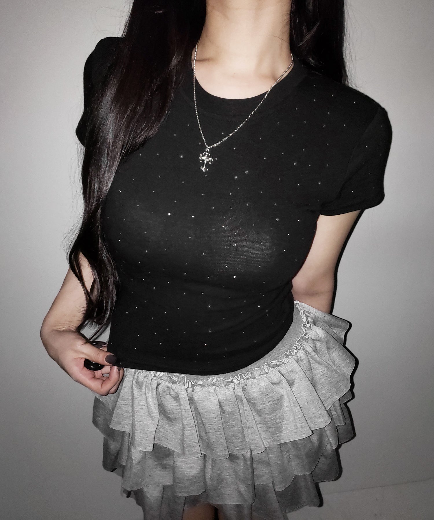 ラインストーン半袖タイトTシャツ / Rhinestone short sleeve tight T-shirt