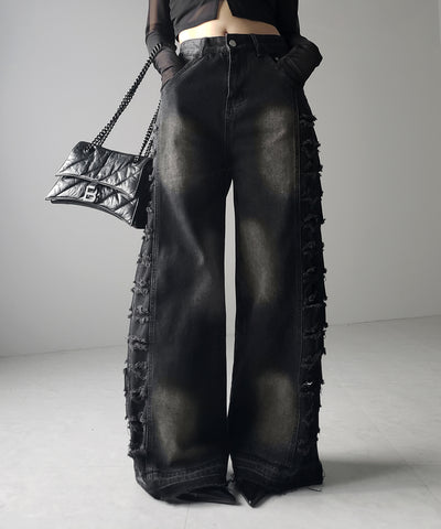 ヘビークラッシュサイドダメージブラックヴィンテージデニム / heavy crush side damage black vintage denim