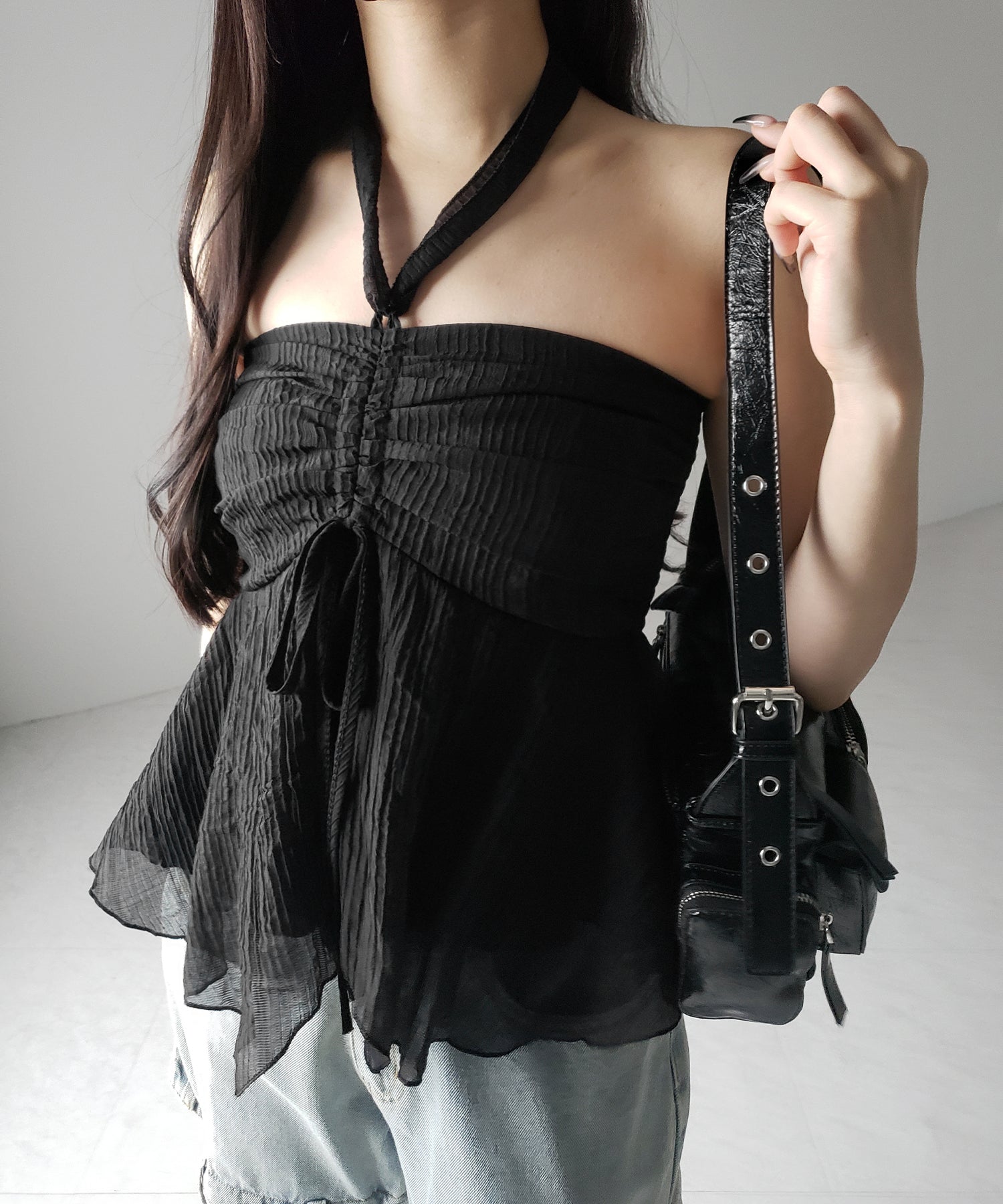 【 チョーカータイ付 】シャーリングリボンペプラムシフォンビスチェトップス / choker tie set shirring ribbon peplum chiffon bustier tops