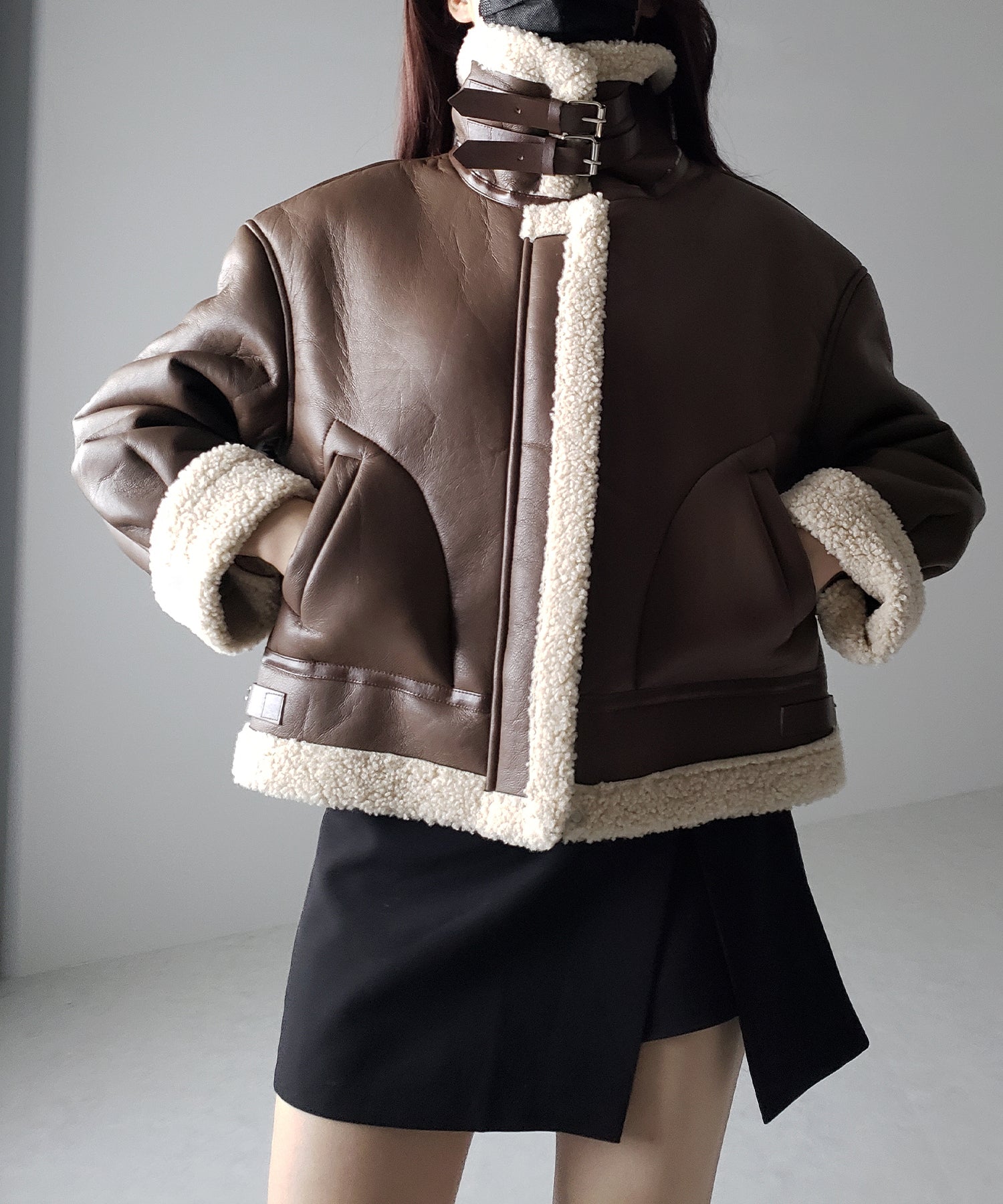 フェイクレザームートンB-3クロップドフライトジャケット