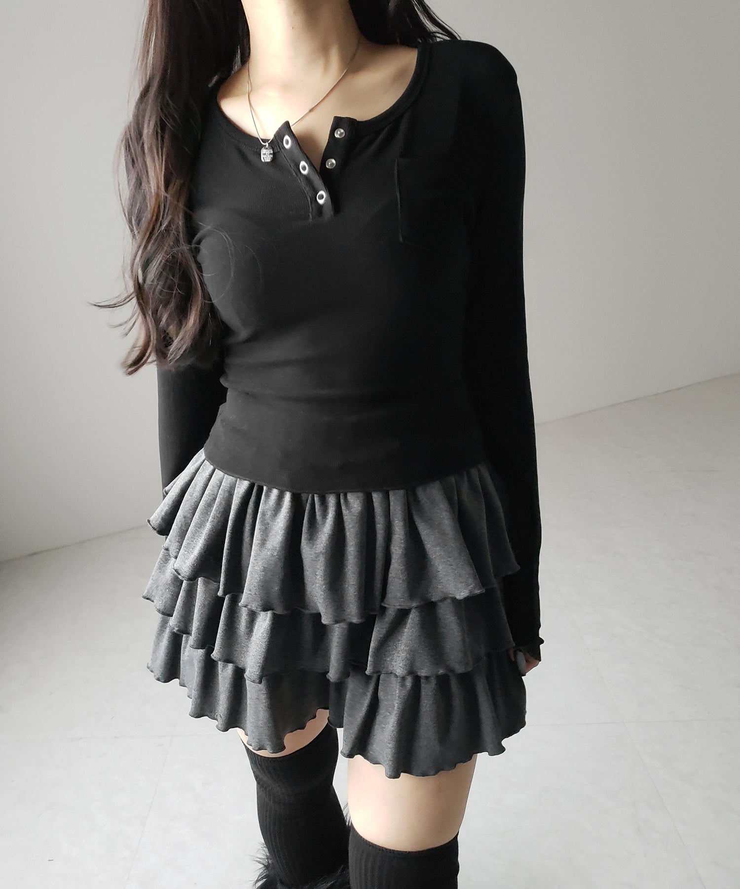 【 新色ピンク追加!4color 】3段フリルカットソーミニスカパン / 3 frill cutsew mini skirt pants