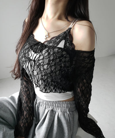 ダブルストラップリボンショートレースカーディガン /double strap ribbon short lace cardigan