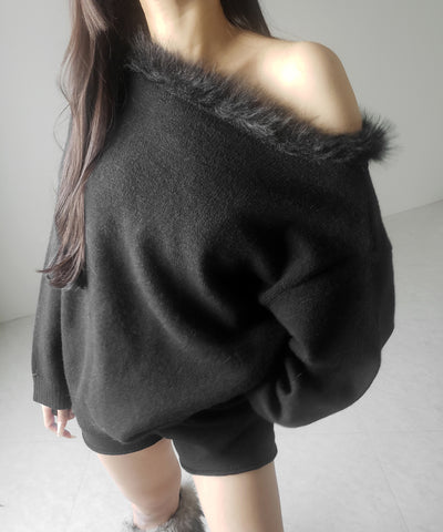 【 ニットセットアップ 】フェイクファーワンショルオーバーニット + ニットショートパンツ SET / fake fur one-shoulder over knit + knit short pants SET