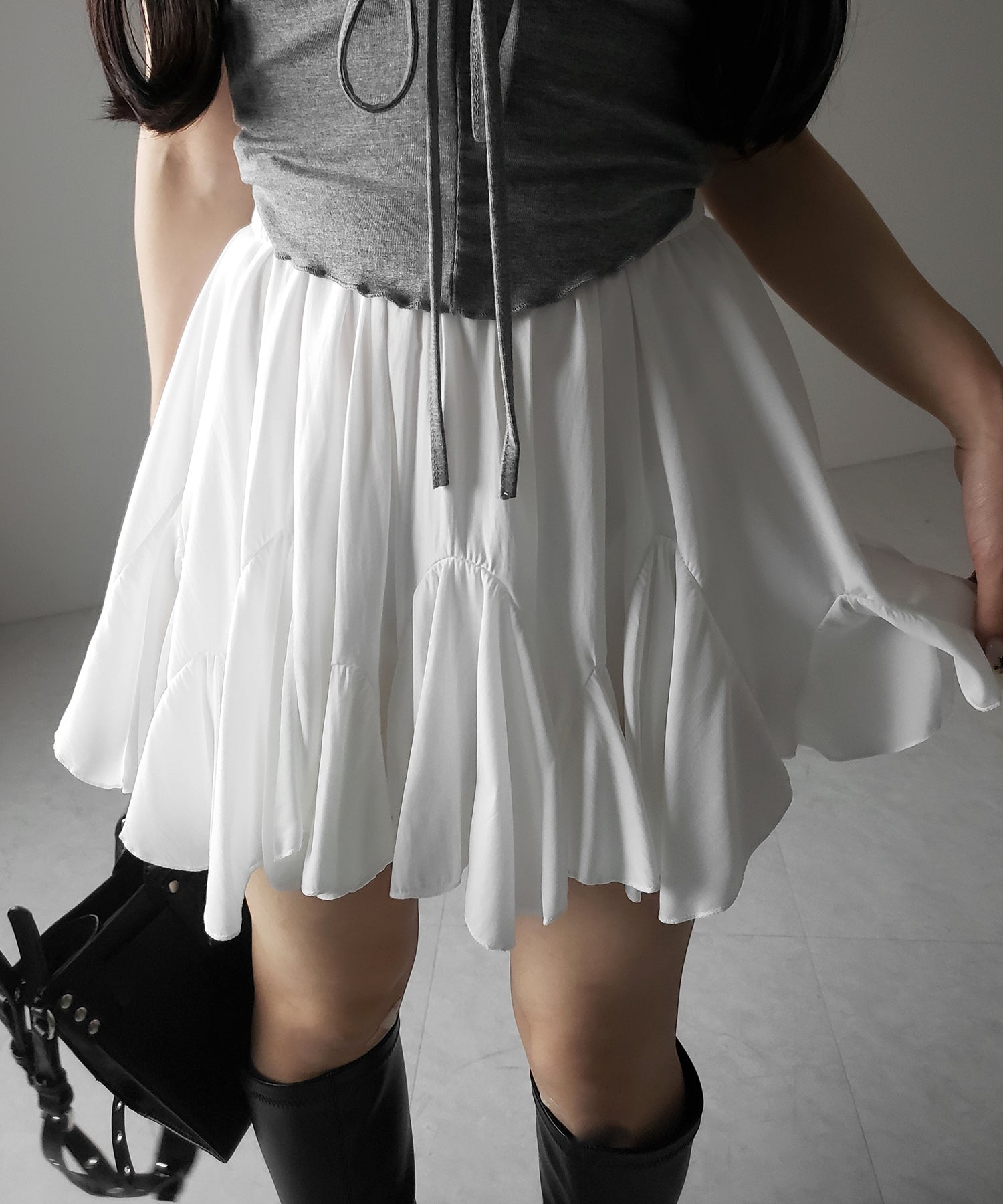 【 2color /インパン裏地付き 】ハイウエストドレープフレアミニスカート / high waist draped flare mini skirt